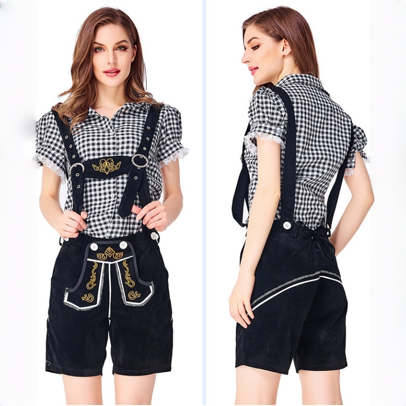 Womens Oktoberfest Outfit Embroidered Blouse with Lederhosen Shorts